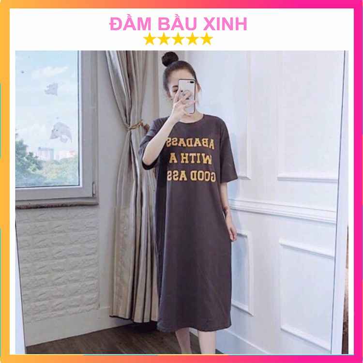 Váy bầu suông dáng dài đầm bầu suông nữ xoắn lưng họa tiết chữ Adabat Form rộng chất thun cotton Hàng VNXK
