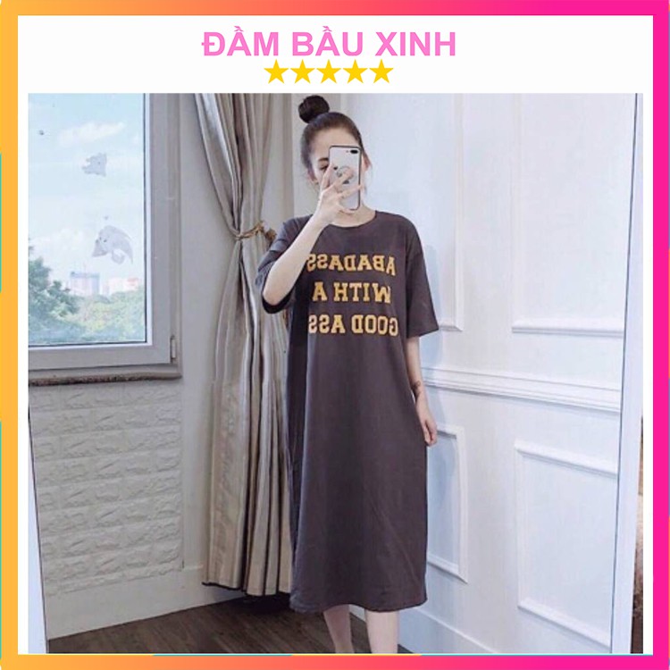 Váy Bầu Suông Dáng Dài Đầm Suông Nữ Xoắn Lưng Họa Tiết Chữ Adabat Form Rộng Chất Thun Cotton Hàng VNXK