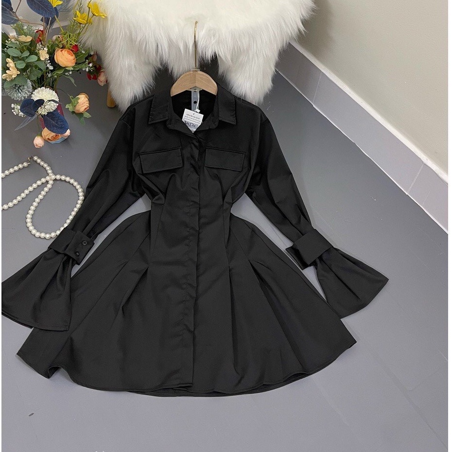Đầm sơ mi cổ chữ V tay dài,váy thiết kế cao cấp Polo cotton mịn kèm dây buộc eo tiểu thư dự tiệc dạo phố XM Minh Phúc
