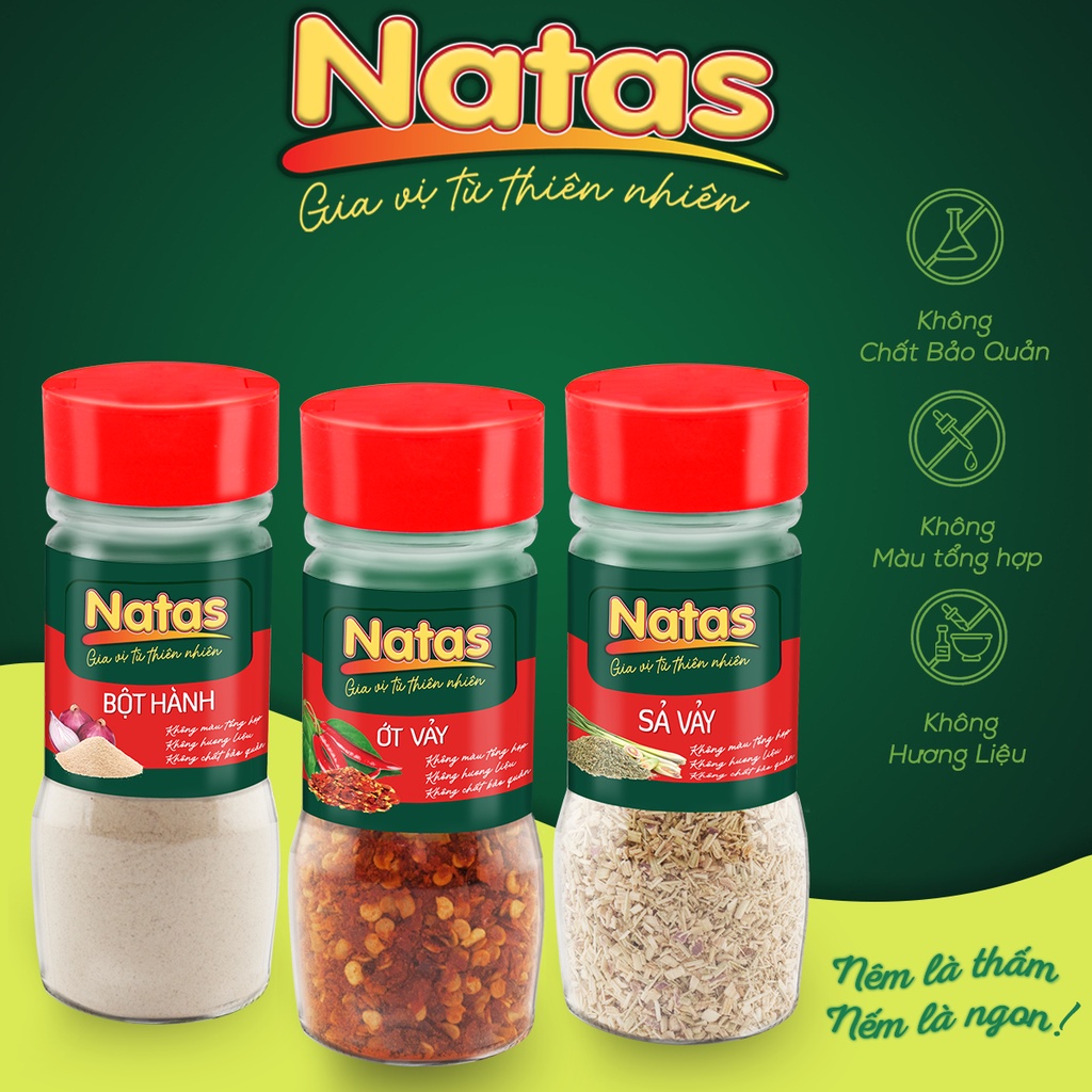 Combo gia vị tiện dụng Natas: Bột hành hũ 60g + Ớt vảy hũ 50g + Sả vảy hũ 40g