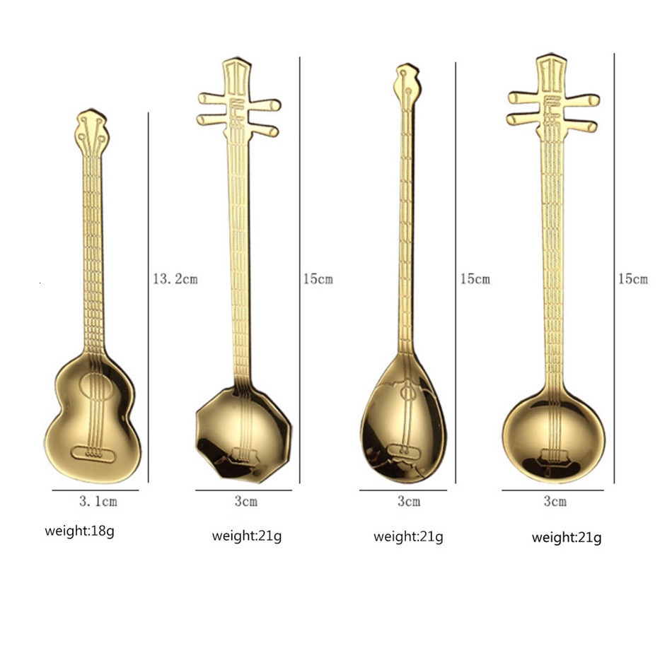 4 cái Thép không gỉ Phim hoạt hình Guitar Muỗng Khuấy Thanh mạ titan Sữa Cà phê Món tráng miệng Kẹo Teaspoon Phụ kiện Bộ muỗng