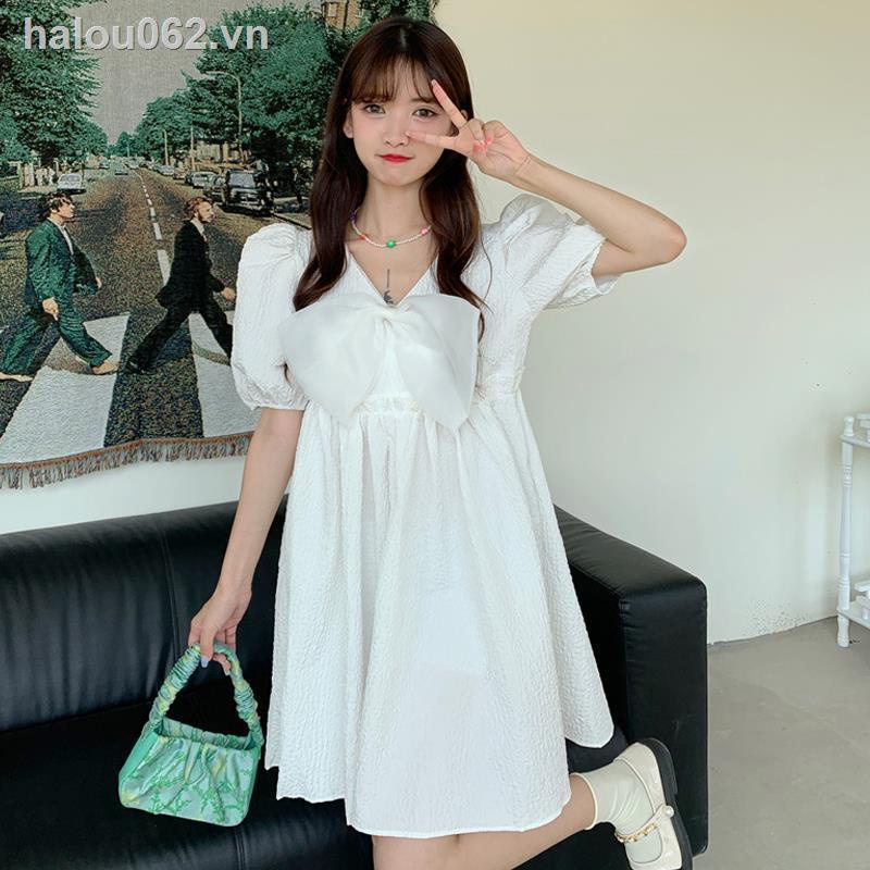 Stock№White First Love Bowknot Puff Sleeve Dress Women Summer 2021 Phong cách Pháp mới Có thể Muối có thể trở nên ngọt ngào Váy dạo phố