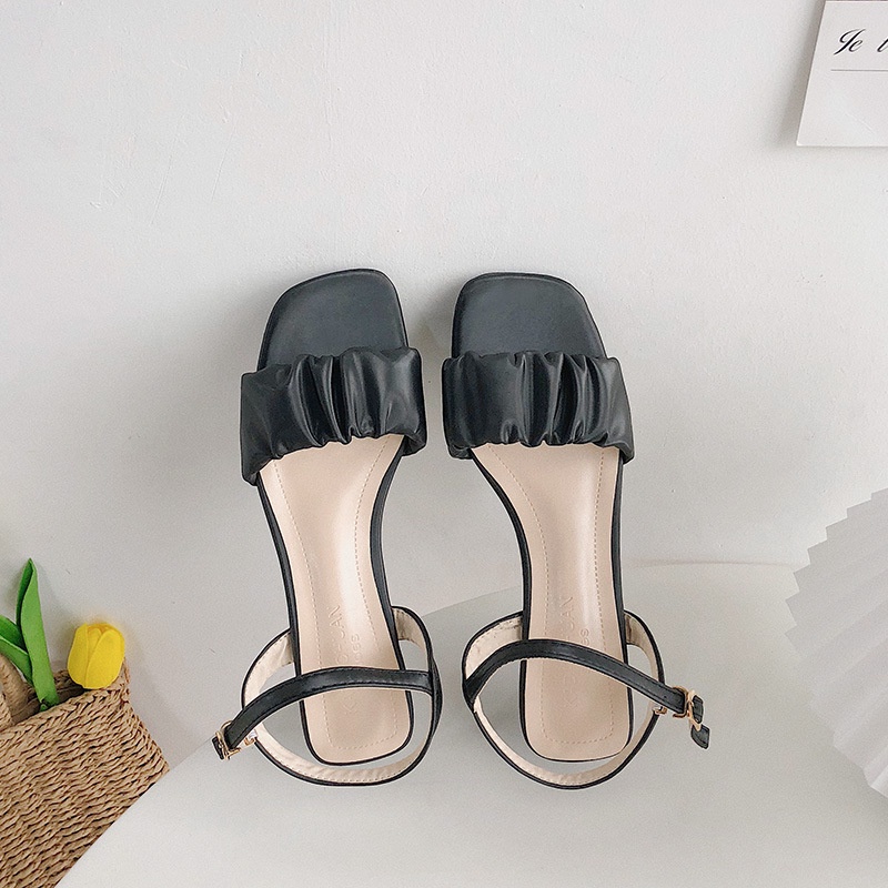 sandal cao gót đế 4cm quai da nhăn trả trung cá tính