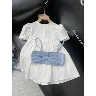 Set yếm bò nơ váy trắng bé
