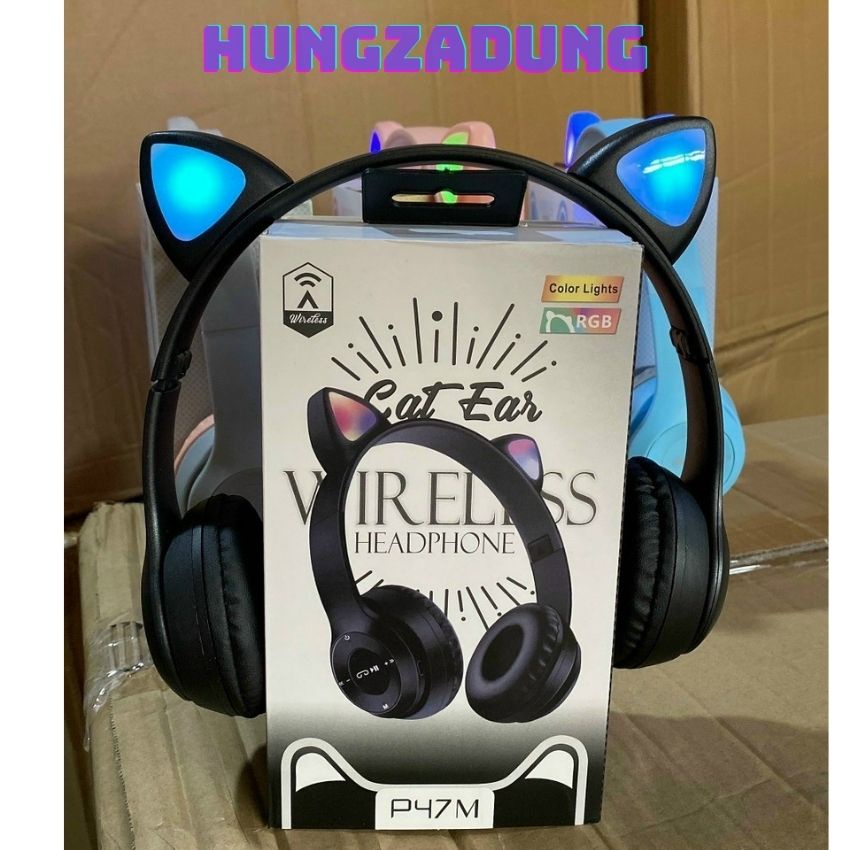 Tai Nghe Bluetooth Phát Sáng,Tai Nghe ChụpTai Mèo Có Mích P47M Giành cho Laptop,PC,Điện Thoại HUNGZADUNG