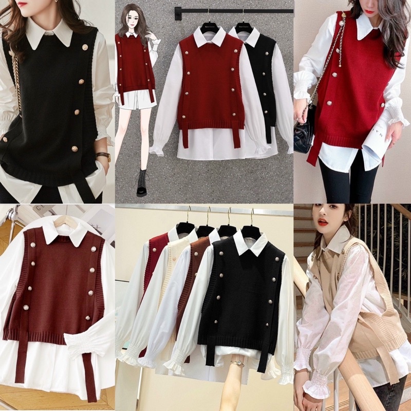 Sét áo gile len kèm áo sơ mi tay bèo hàng QC loại 1 _ảnh thật