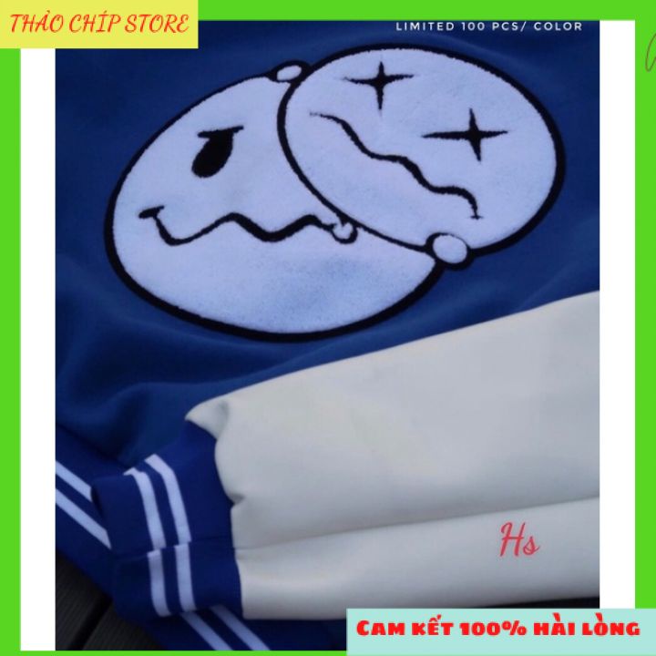 Áo khoác bomber nỉ mặt cười form rộng, Áo nỉ Cardigan jacket Unisex Nam Nữ Màu Xanh phối trắng basic phong cách Hàn Quốc | BigBuy360 - bigbuy360.vn