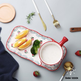 Bộ bát đĩa ăn sáng gồm thố kèm đĩa họa tiết cherry đỏ gốm cực xinh Under1000k