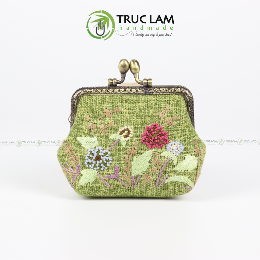 Ví Xu Cầm Tay Mini Khóa Nẹp Đồng Vải Gai Thêu Tay Họa Tiết Hoa Cỏ - Trúc Lâm Handmade