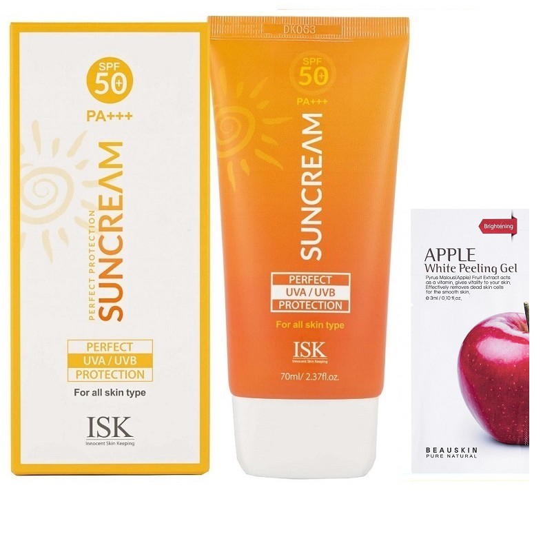 Combo 1 Kem chống nắng lâu trôi BEAUSKIN ISK Sun Cream SPF 50+/PA++ Hàn 70ml/ Hộp Và 1 Gói tẩy da chết Beauskin 3ml/ Gói