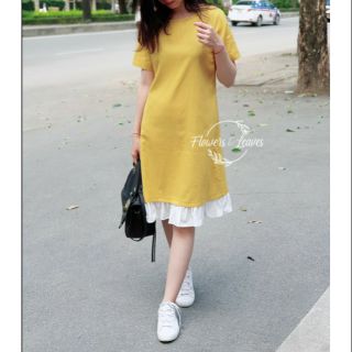 Váy linen vàng mustard phối chân bèo trắng