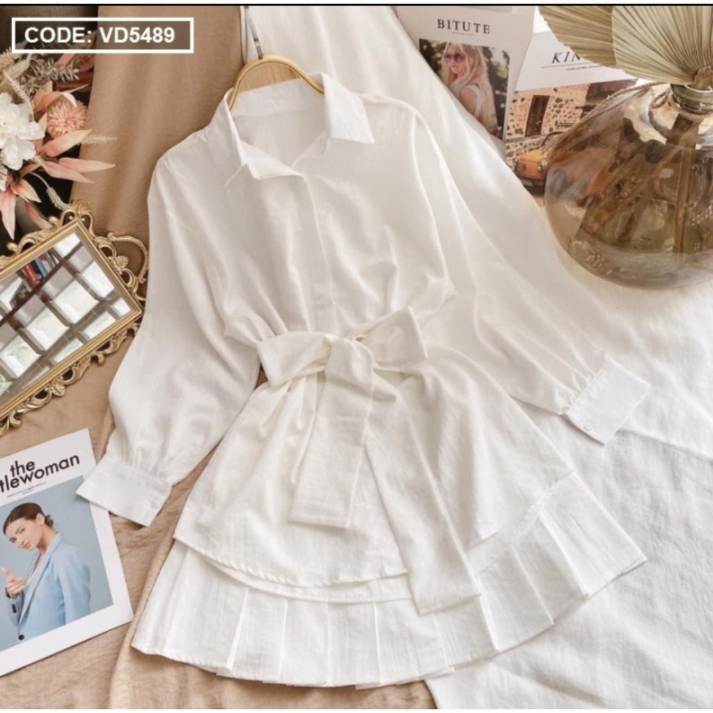 Set trang phục nữ đi chơi siêu xinh, Set áo sơ mi thắt eo tay dài chân váy xòe, đồ nữ xếp ly màu trắng