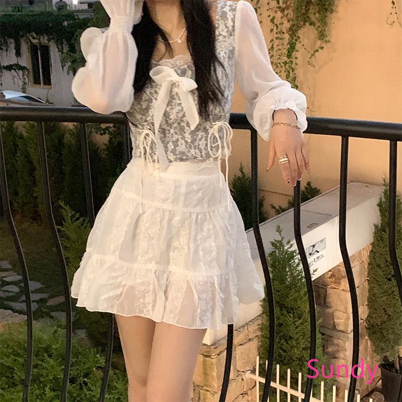 Áo kiểu tay dài lưng cao phối ren ngọt ngào cho nữ