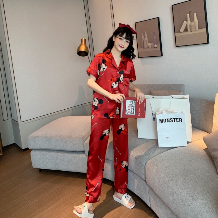 Bộ Đồ Ngủ Lụa Satin In Họa Tiết Chuột Mickey Quyến Rũ Cho Nữ