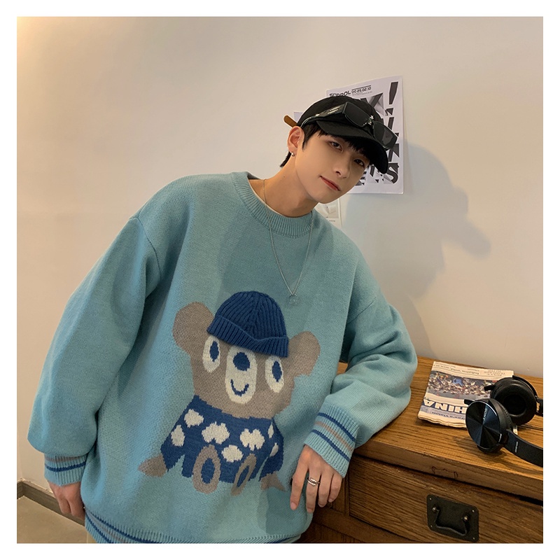 Áo sweater cổ tròn dáng rộng thêu hình gấu hoạt hình dễ thương phong cách Hàn Quốc cho cặp đôi