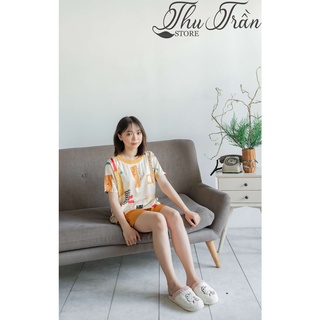 Bộ đồ ngủ lụa Pyjama đùi phối quần màu cam