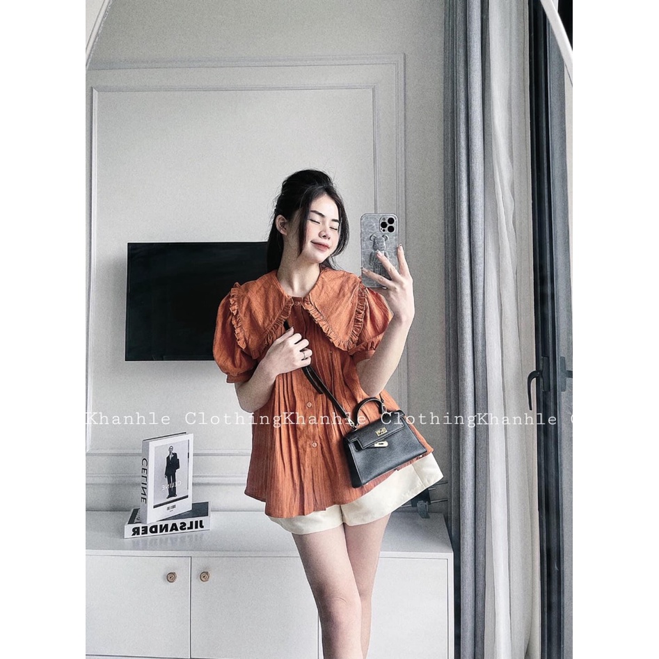 Set sơ mi cam cổ bèo xếp li quần tacta đùi xinh xắn BN509