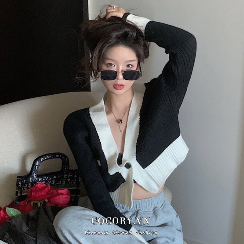 Cocory vn Áo Croptop Dệt Kim Tay Dài Cổ Chữ V Phong Cách Vintage Thời Trang Cho Nữ