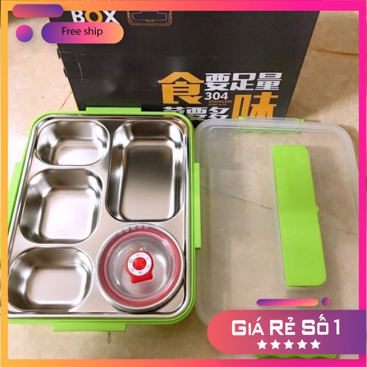Hộp cơm 5 ngăn inox 304 Có Nắp Đậy tặng kèm bộ muỗng đũa inox siêu tiện lợi | BigBuy360 - bigbuy360.vn