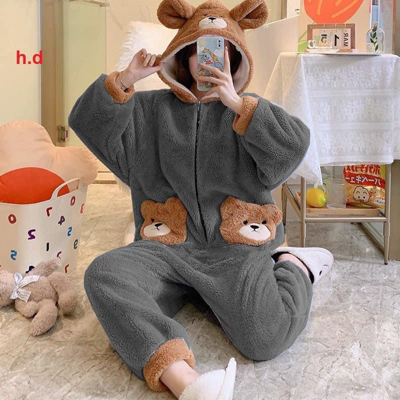 Bộ ngủ lông liền thân gấu xám siêu kute dễ thương ,đồ mặc nhà ấm áp mùa đông hàn quốc ulzzang- NENEFASHION