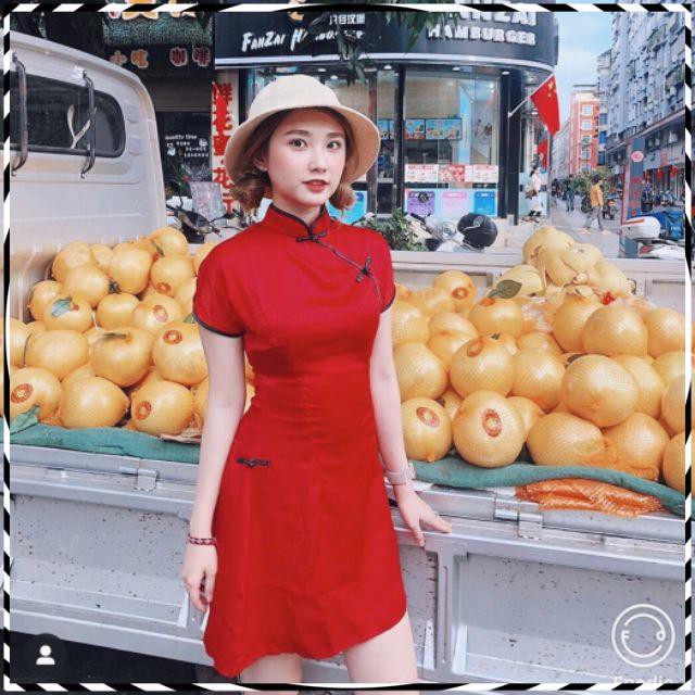 Đầm đỏ sườn xám cách tân Trung Hoa siêu hot mua Tết