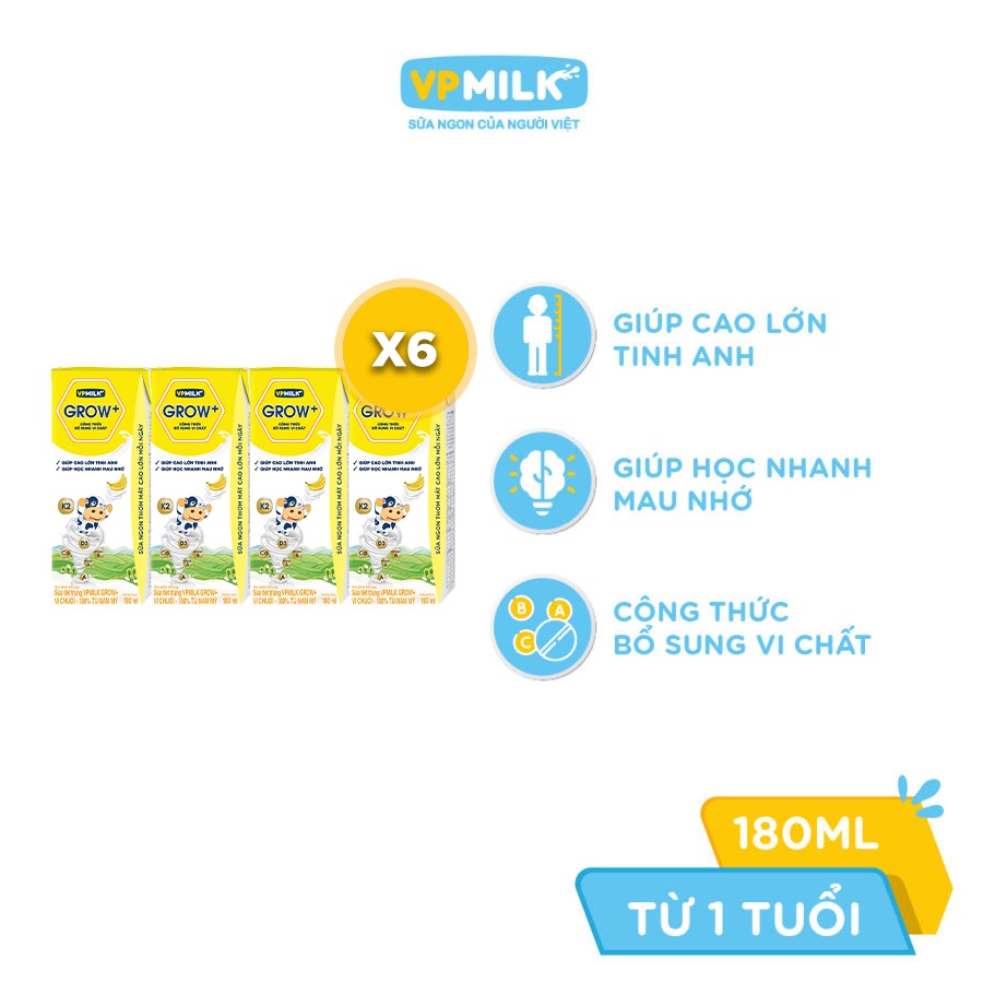 Combo 6 lốc sữa tiệt trùng VPMilk Grow+ vị chuối 180ml (lốc 4 hộp x 6)