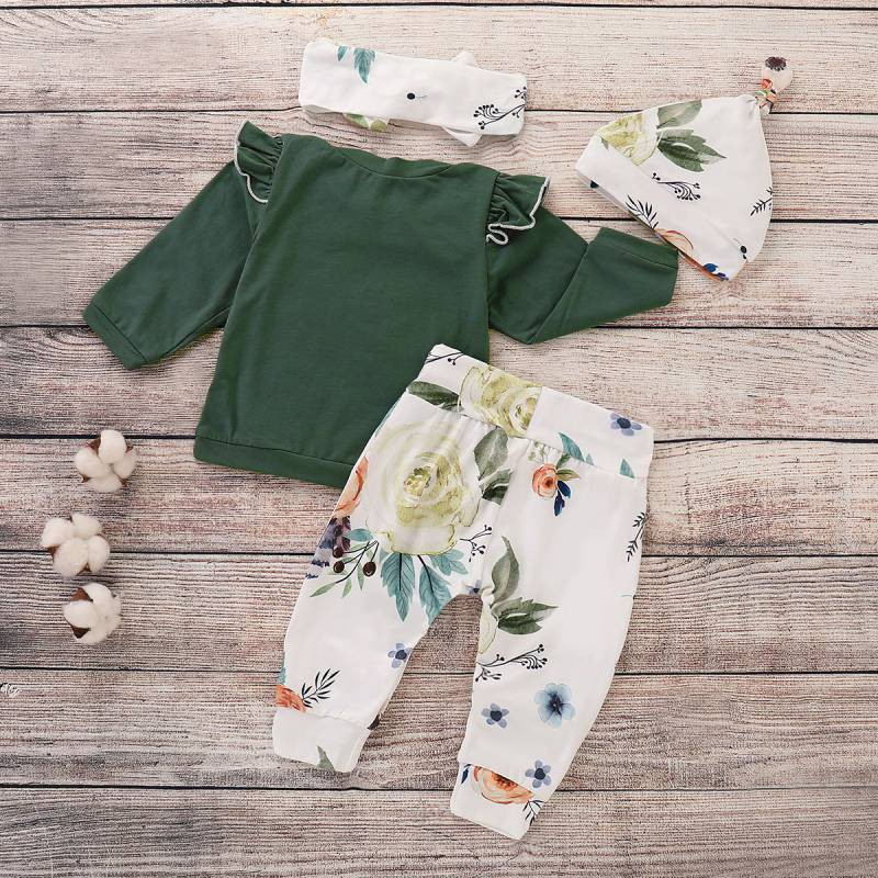 Set quần áo dài tay + mũ + băng đô nơ chất vải cotton in hoa đáng yêu cho bé gái