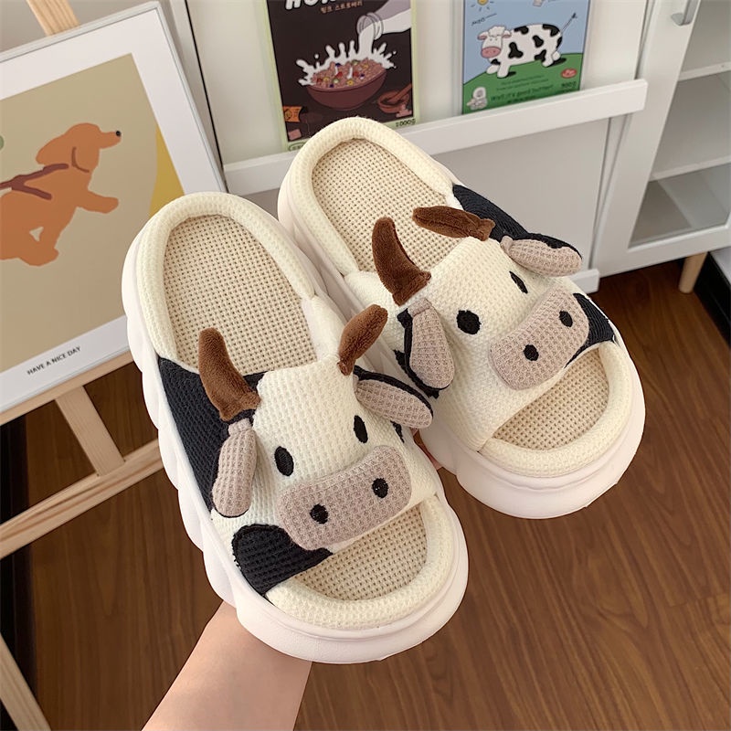 Dép cotton Lanh Đi Trong Nhà Đế Dày Họa Tiết Bò Hoạt Hình Cho Nam Và Nữ