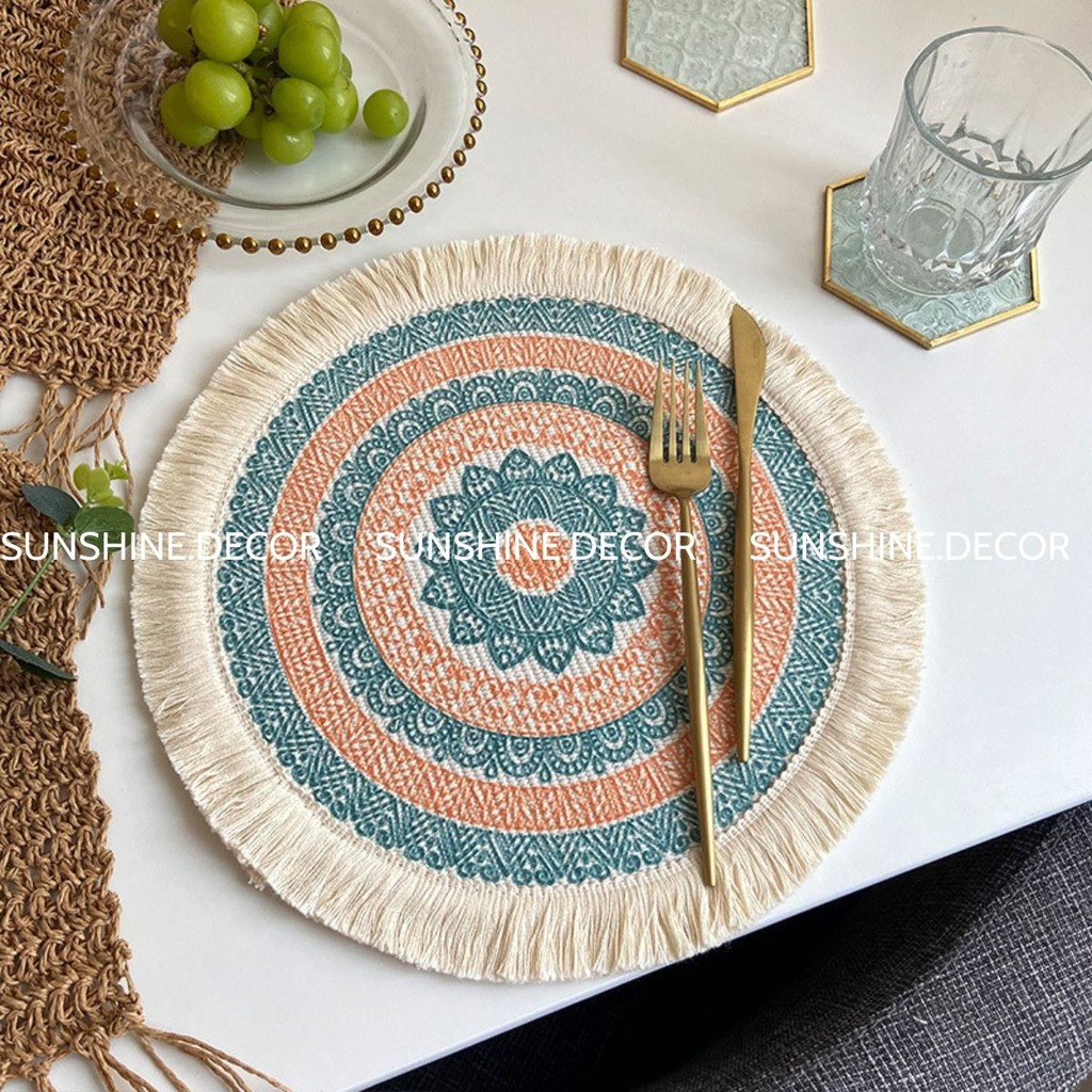 Thảm Thổ Cẩm Tròn Tua Rua Trang Trí Lót Bàn Ăn Phong Cách Vintage- Sunshine.decor