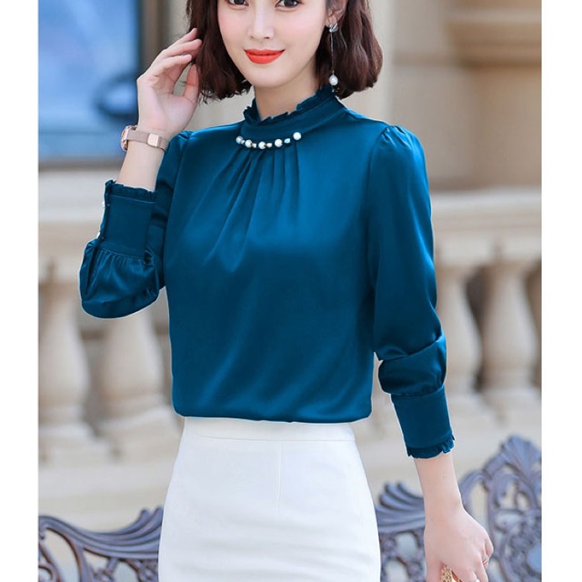 Áo sơ mi kiểu tay dài cổ nhún đính hạt size M L màu xanh, trắng