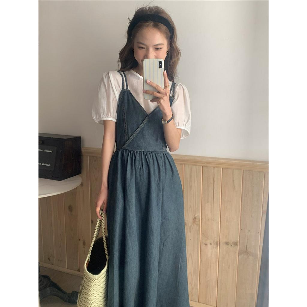 Váy Yếm Denim Cổ Tròn Thời Trang Hàn Quốc Đơn Giản 63851