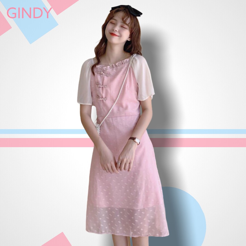 Váy cách tân GINDY váy cách tân dáng dài tay ngắn màu hồng nữ tính (hàng loại 1)