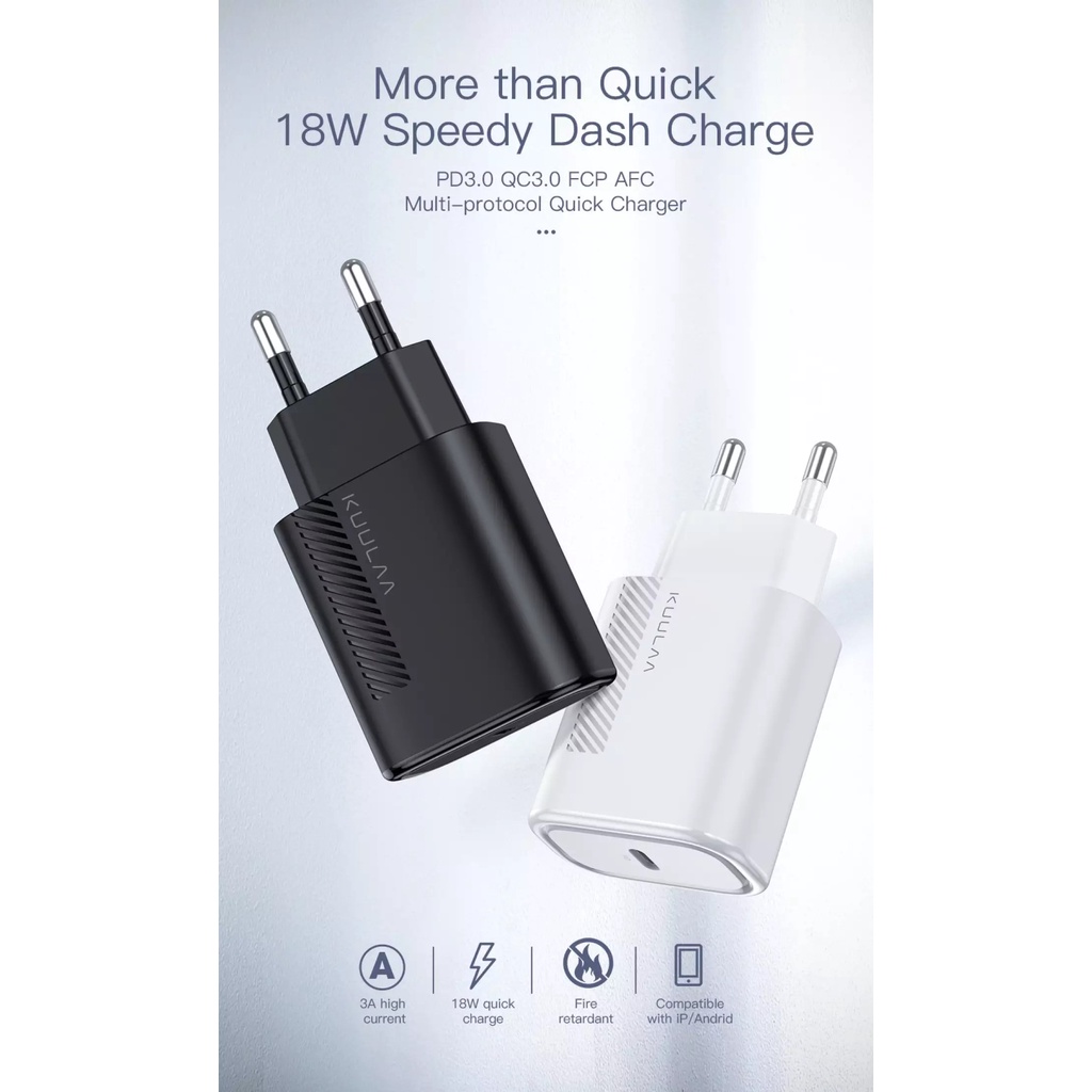 Củ Sạc Nhanh 18W KUULAA, 1 cổng ra Type-C, hỗ trợ PD 3.0, QC 3.0, dùng được cho nhiều thiết bị như iPhone, Samsung, Xiao
