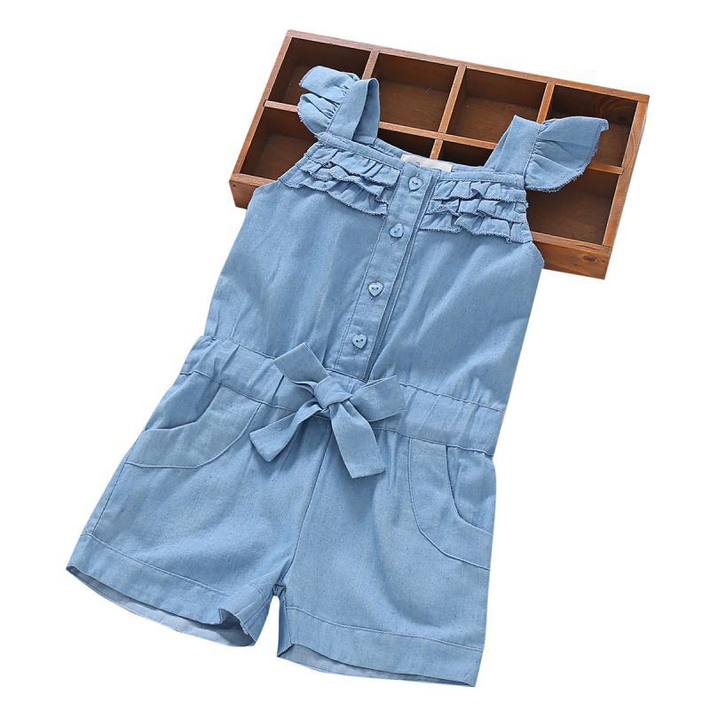 Jumpsuit cotton denim sát nách cho bé gái