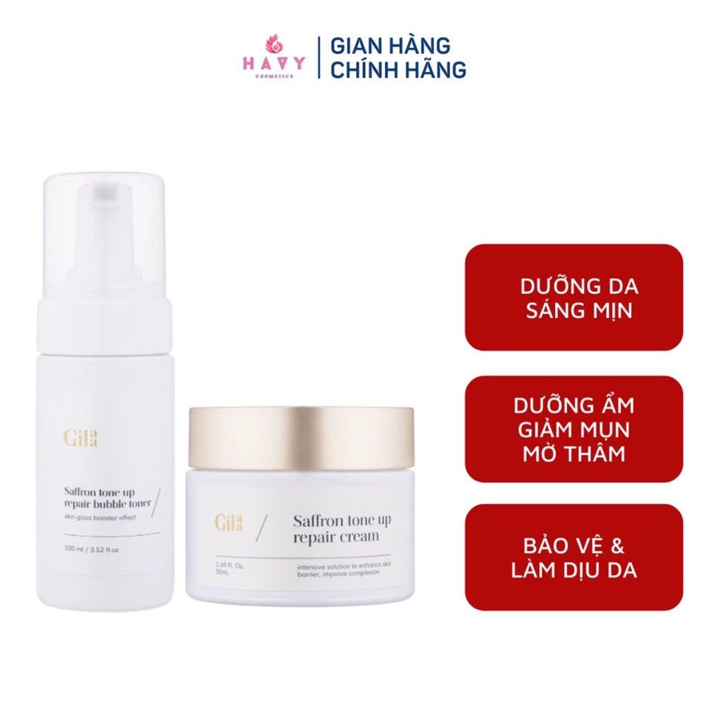 Bộ đôi Gilaa Saffron Nước cân bằng dạng bọt bong bóng 100ml và Kem dưỡng sạc nước 300g