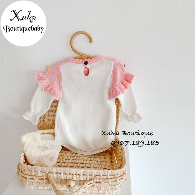 Bodysuit Len Màu Hồng Bé Gái - Xuka Boutique - Body Len Dài Tay Cánh Tiên Cao Cấp Giữ Ấm Cho Bé Yêu