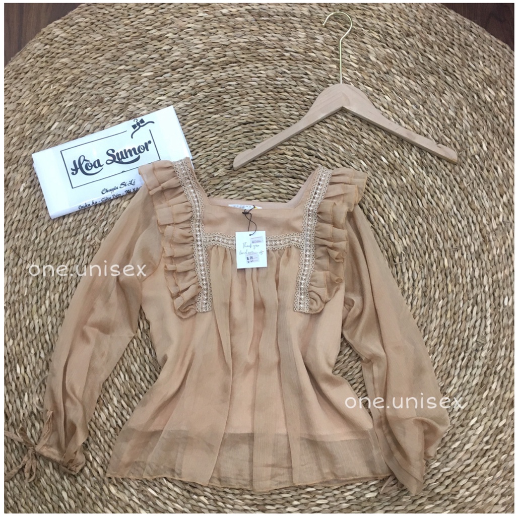 Áo bánh bèo nữ chất voan phối ren cổ vuông kiểu dáng babydoll tiểu thư sang chảnh