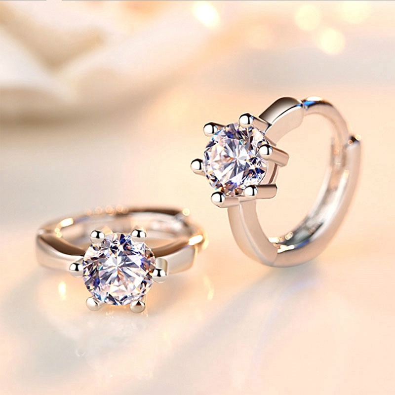 Khuyên tai bạc đính đá zircon tròn thời trang nữ phong cách Hàn Quốc