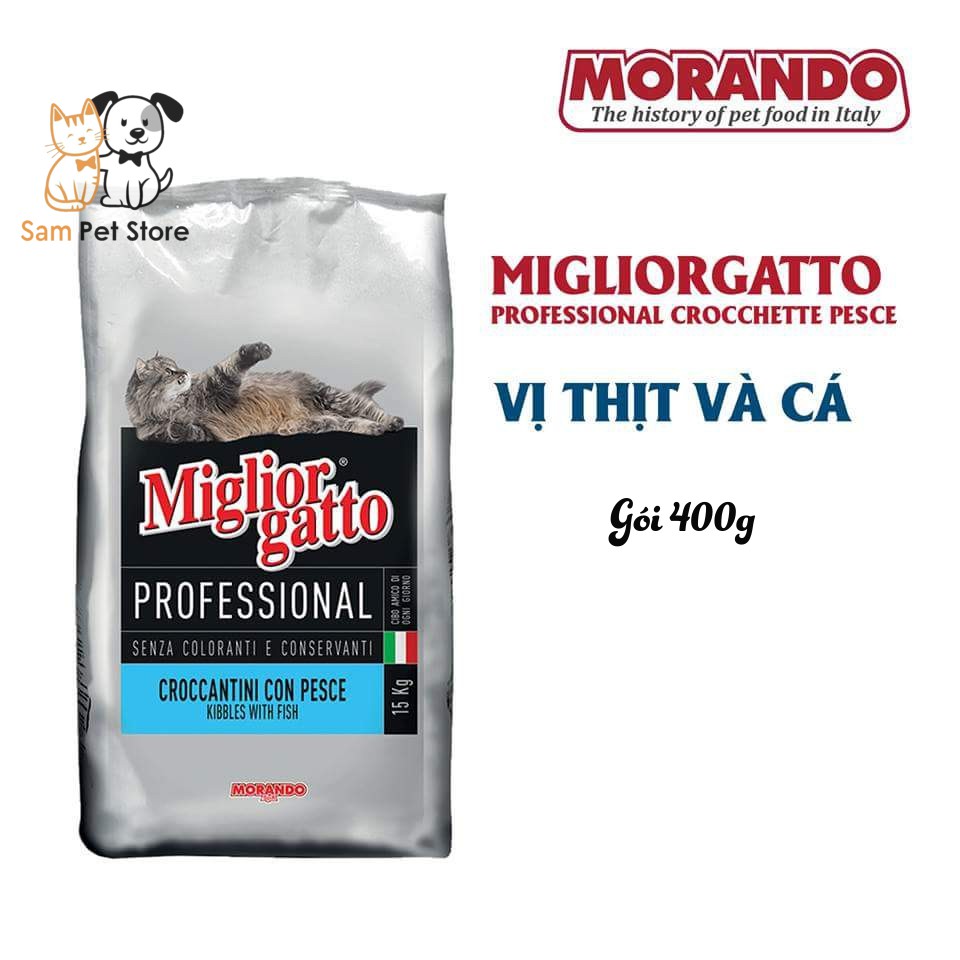Thức ăn hạt khô cho mèo mọi lứa tuổi Miglior Gatto Morando vị thịt và cá 400g