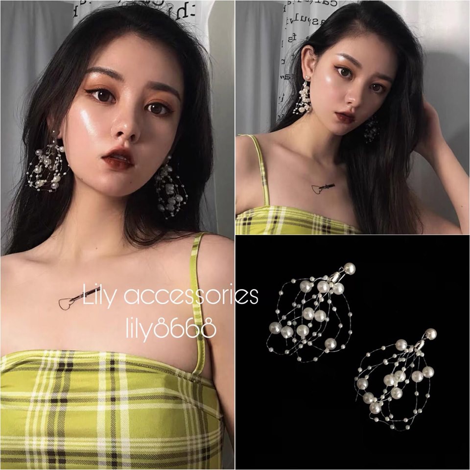 khuyên tai hoa tai ngọc trai nhân tạo tua rua dài phong cách Hàn Quốc sang chảnh