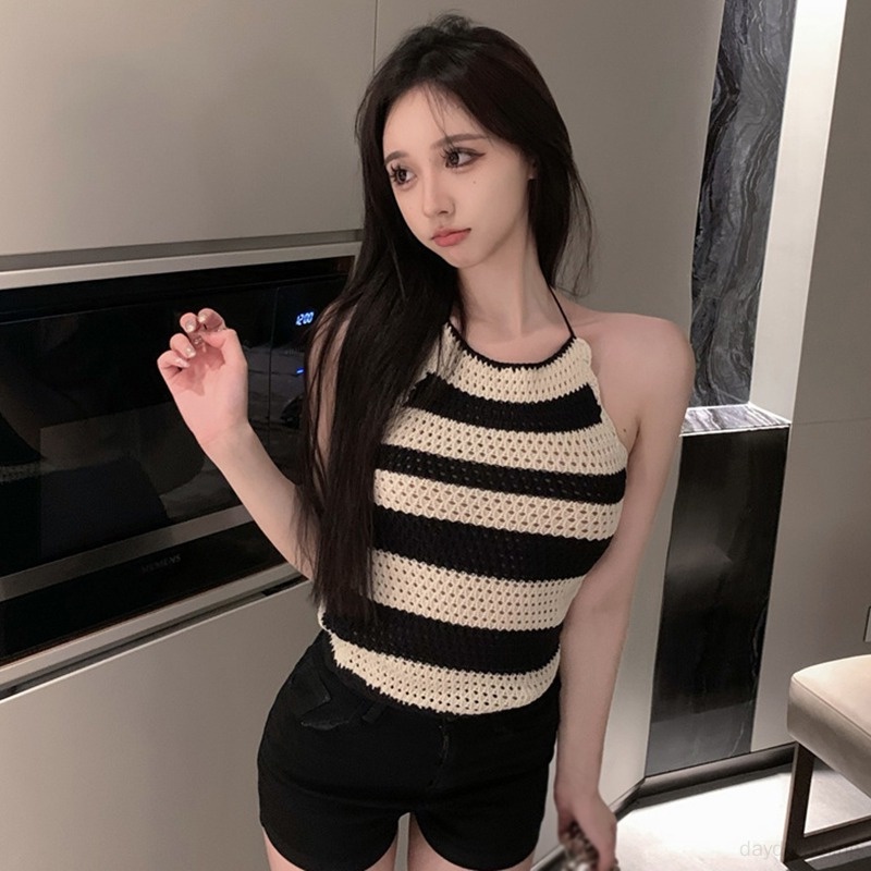 Áo Hai Dây Dệt Kim Kẻ Sọc Thoáng Khí Phong Cách Hàn Quốc