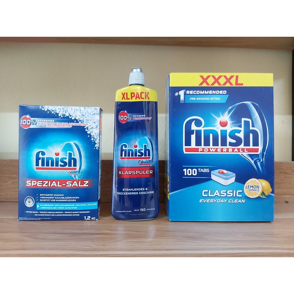 Combo nước làm bóng Finish 750ml +  muối rửa bát Finish 1,2kg + viên rửa bát Finish classic 100 viên [Nhập Đức]