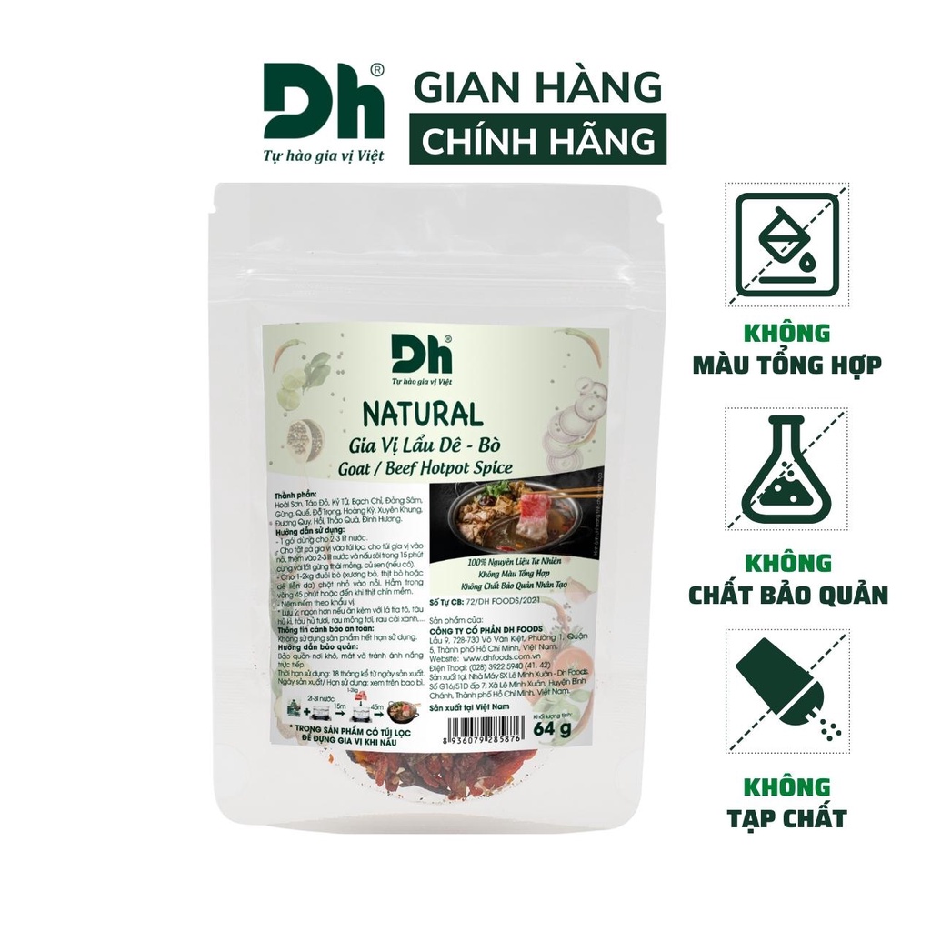 Gia vị lẩu dê bò Natural DH Foods nêm sẵn thành phần tự nhiên gói 64gr - DHGVT99