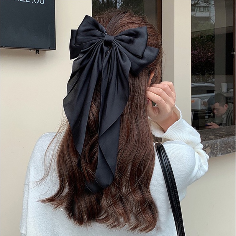 Kẹp tóc dạng nơ ruy băng bằng lụa satin dài phong cách Hàn Quốc vintage thời trang thanh lịch cho nữ