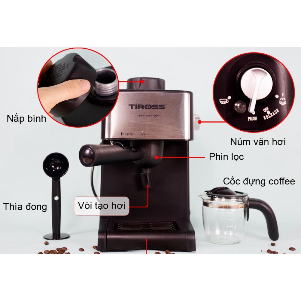 Máy pha cà phê Espresso Tiross TS 621, máy pha cà phê gia đình bán tự động, chống nhỏ giọt, 3-4 phút pha được 1-4 ly