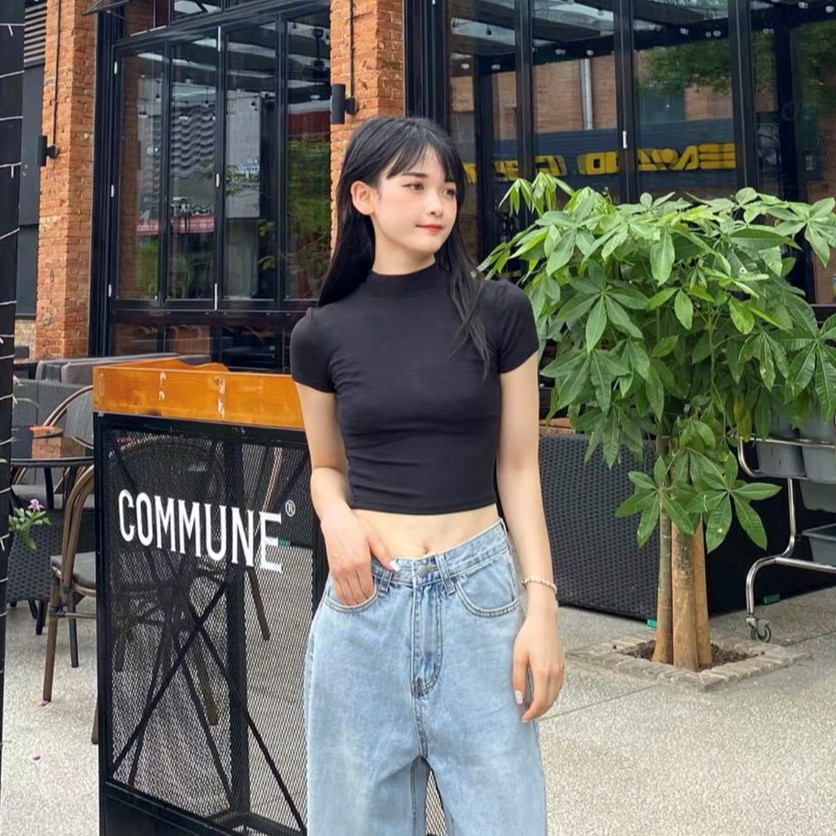 Áo croptop trơn KA Closet dáng mới cổ cao, chất bozip cotton, co dãn mạnh, ko xù, 2 màu Đen Trắng cực hot 2021