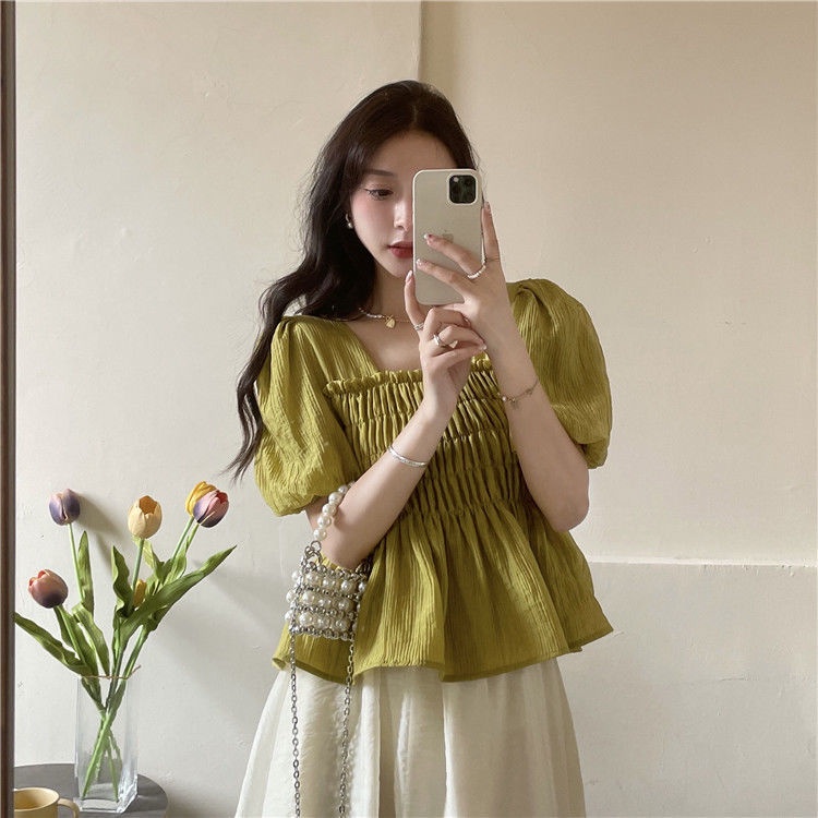 Áo Kiểu Cổ Vuông Tay Ngắn Dáng Rộng Cột Dây Thời Trang Mùa Hè Xinh Xắn Cho Nữ