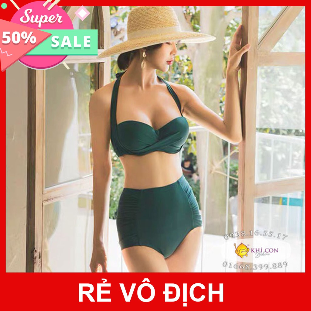 Bikini, đồ bơi 2 mảnh áo crop dây dày mix quần nhún lưng cao 2 bên hông