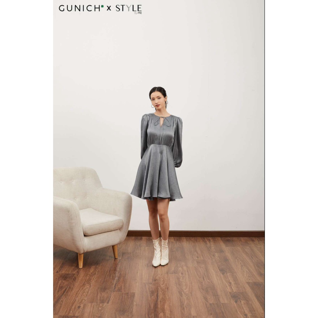 Đầm tay phồng cột nơ cổ mà ghi xám tơ gân Gunich