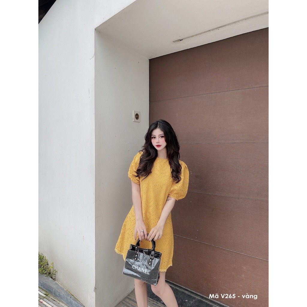Váy suông phối ren, cổ tròn, tay phồng bo chun, đầm xuông freesize 3 màu vàng, trắng, be mã V265 - Michi's House | BigBuy360 - bigbuy360.vn
